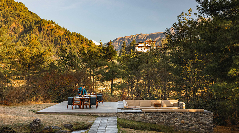 amankora paro lodge outdoor firepit dining