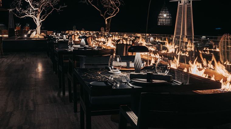 humo terrace and firepits at night