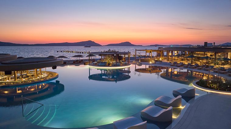 mandarin oriental costa navarino ormos beach club dusk