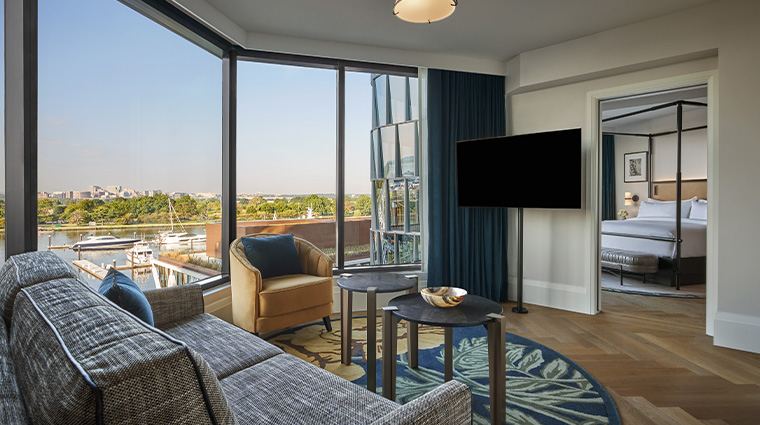 pendry washington dc the wharf river view one bedroom suite living room