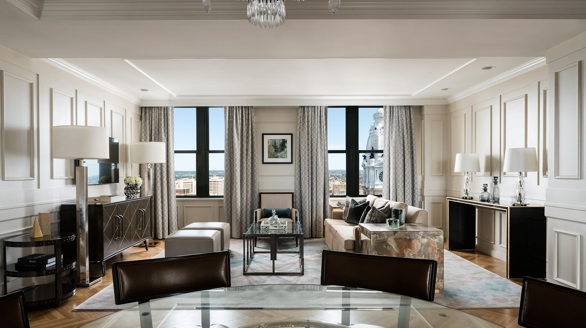Suite living room with City Hall view at The Ritz-Carlton, Philadelphia