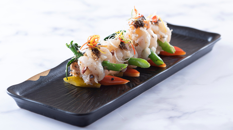 the royal garden chinese restaurant sauteed prawns with yunnan ham and bamboo shoots with truffle xo sauce