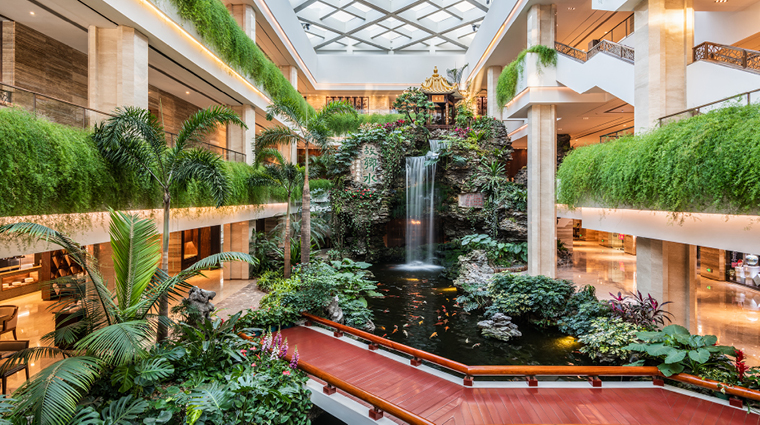 white swan hotel waterfall over rockery lobby